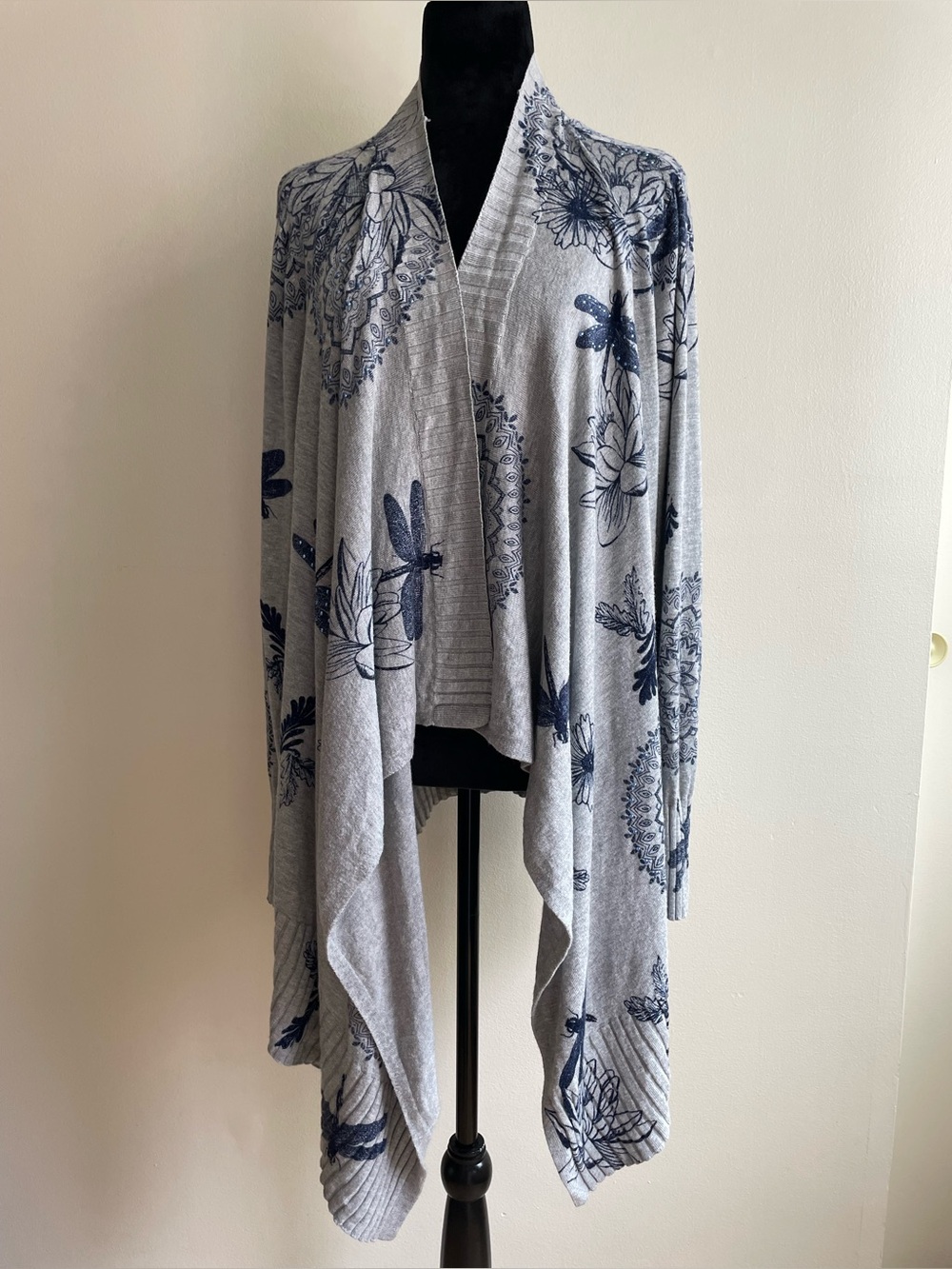 Desigual L Gray Blue Floral Dragonfly Waterfall Cardigan Sweater